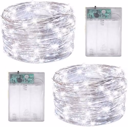 SHATCHI 2 Pack of 200 Cool White LED Fairy String Lights, 2 x 10m, Silver Wire, Battery Operated, Waterproof