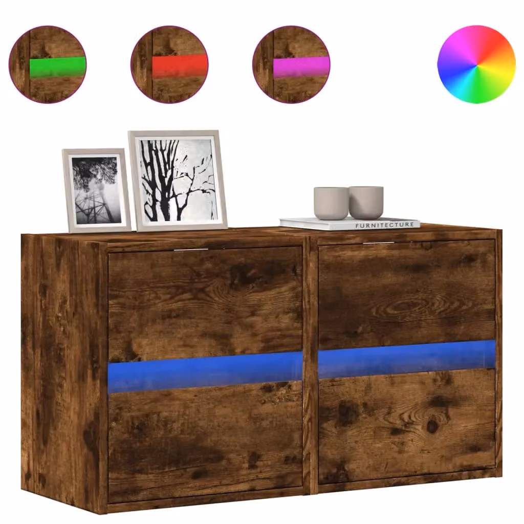 Berkfield Home Set of 2 Wall Mounted TV Cabinets with LED Lighting in Smoked Oak Brown, W/D/H: 41 x 31 x 45 cm – 2