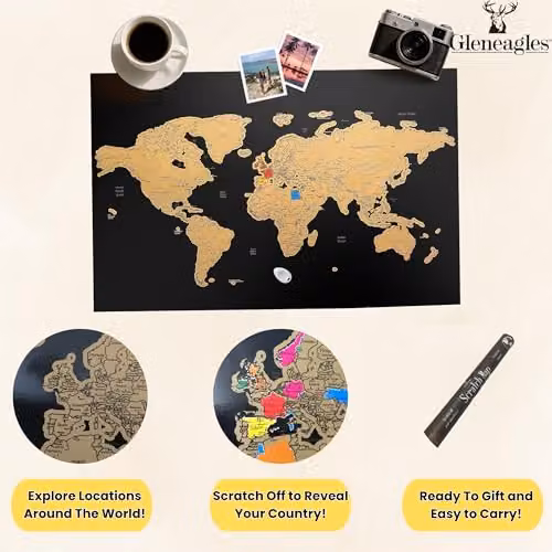 Gleneagles Cello Scratch Off World Map Travel Tracker Poster in Black and Gold – 3
