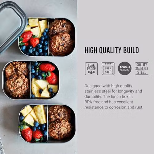 Black + Blum Stainless Steel Bento Lunch Box with Dividers and Cutlery, Ocean Blue, 1L – 3