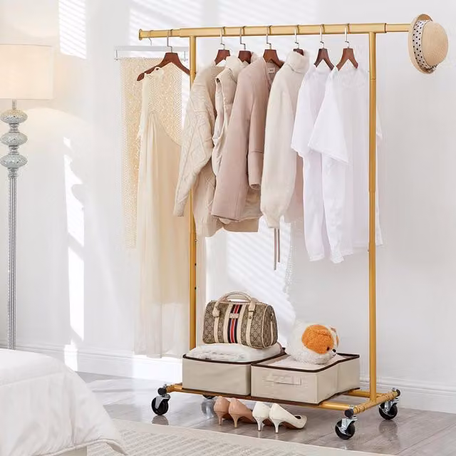 House of Home Heavy Duty Gold Clothes Rail with Shelf, Adjustable 92-132cm