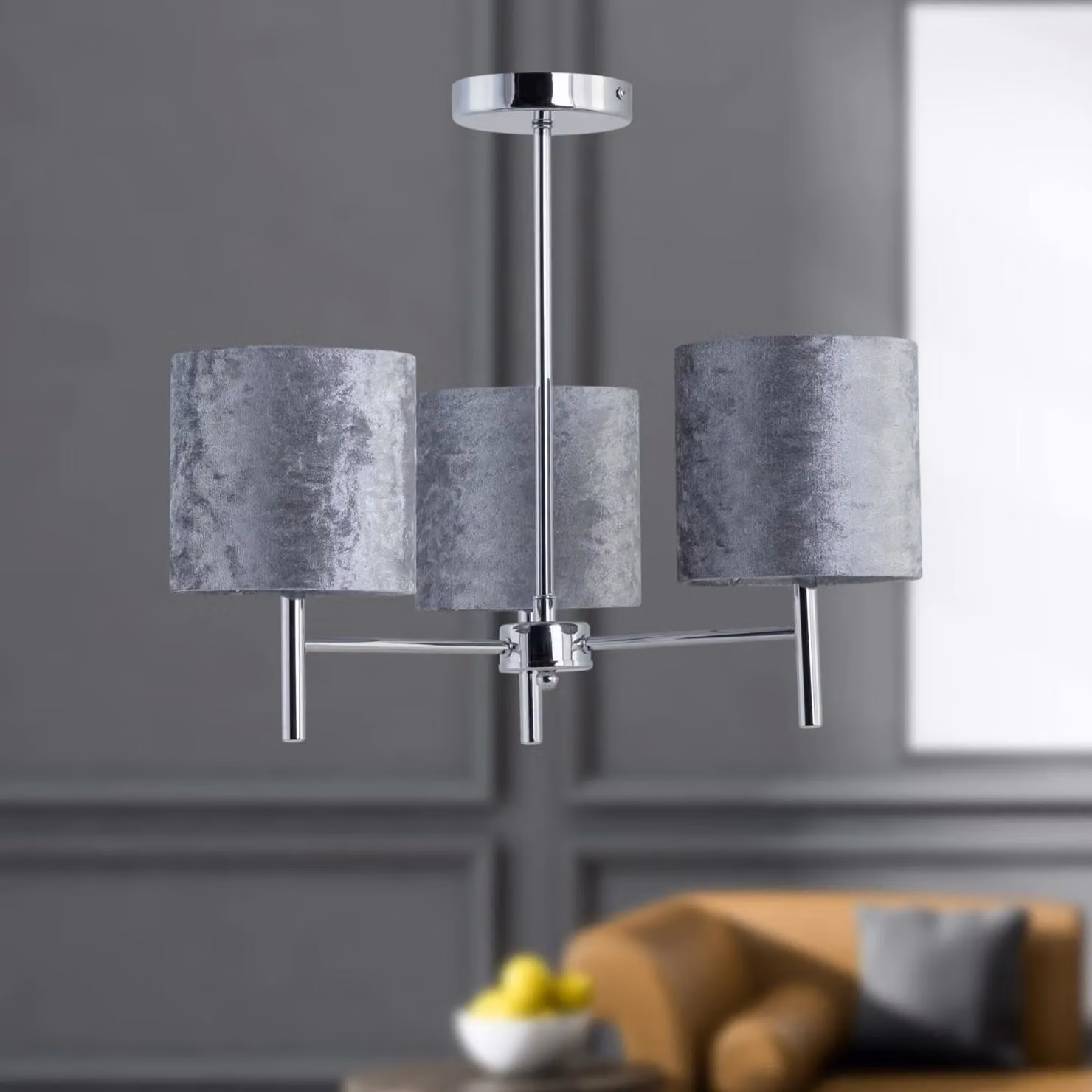 First Choice Lighting Brea Set of 2 Chrome Ceiling Light Fittings with Grey Fabric Shades – 3