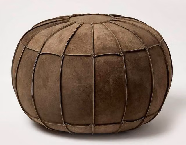 Homescapes Brown Leather and Suede Round Cylindrical Pouffe Footstool – 1