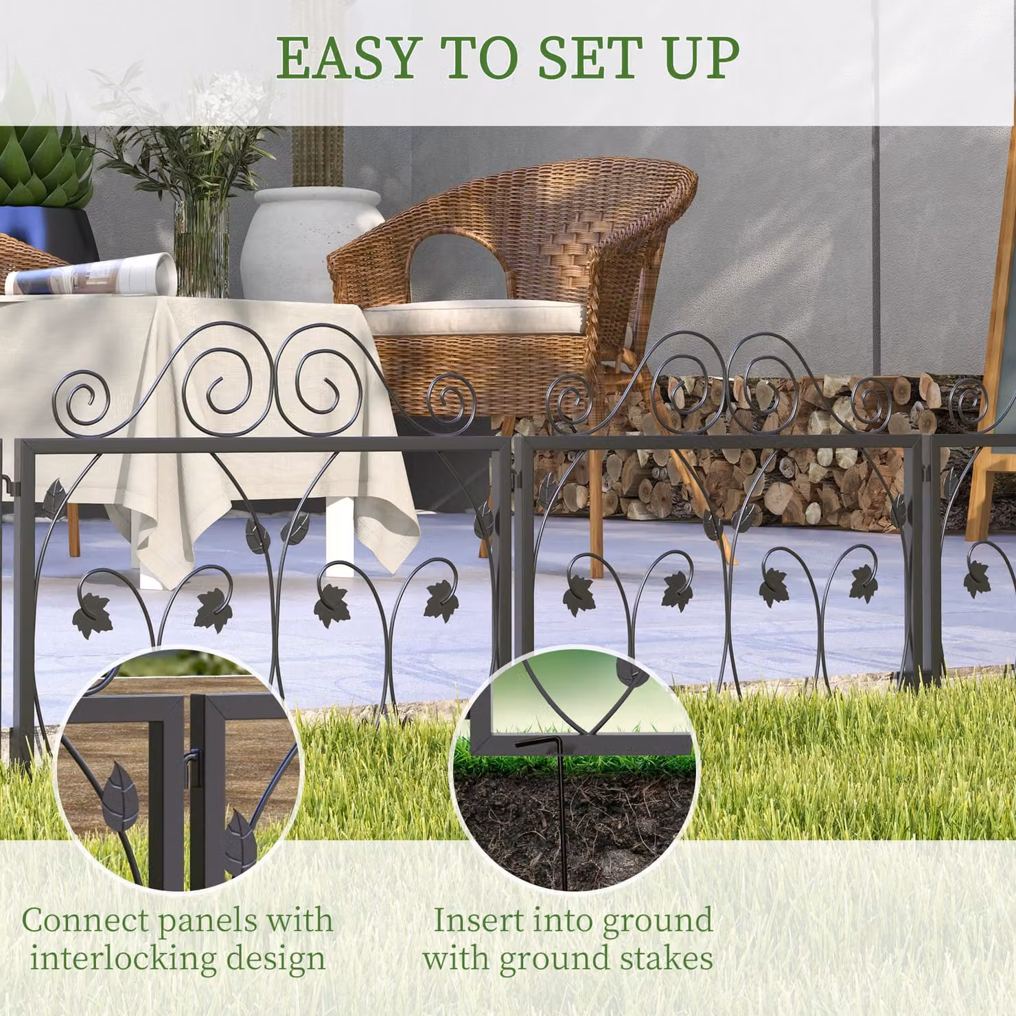 Outsunny 4-Pack Black Metal Wire Garden Fencing with Scroll Flower Design Animal Barrier – 2