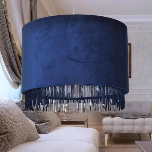 First Choice Lighting Navy Blue Velvet Round Tassled Light Shade with Chrome Inner Detail – 4