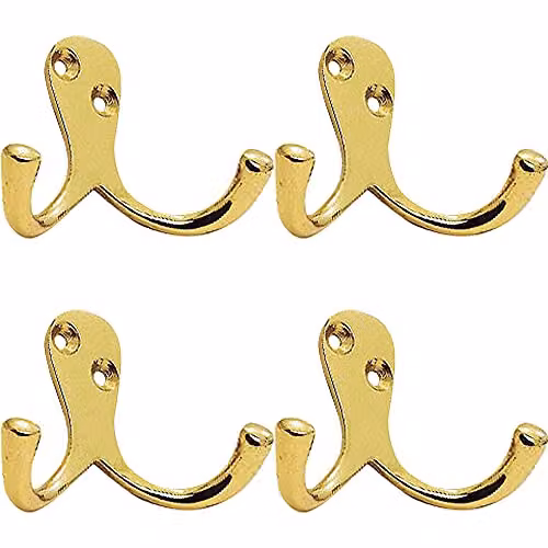 Loops 4 Pack Victorian One Piece Double Wall Mounted Bathroom Robe Hook, Polished Brass, 26mm Projection