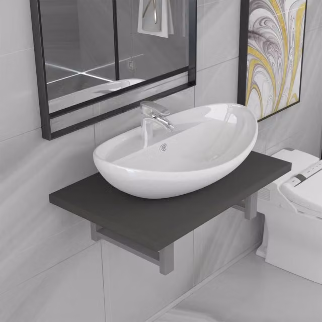 Berkfield Home Two Piece Modern Wall Mounted Bathroom Furniture Set in Glossy Ceramic Grey – 1