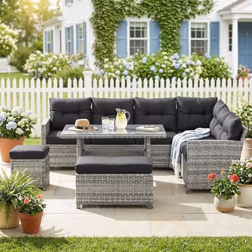 Outsunny 5 Piece L-Shape Rattan Garden Furniture Set in Grey with 3-Seater Sofa, Coffee Table, Ottoman and Cushions – 7