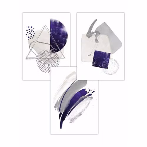 ARTZE Set of 3 Abstract Purple, Grey and Silver Watercolour Shape Paper Posters, W: 42 cm, H: 59.4 cm – 2