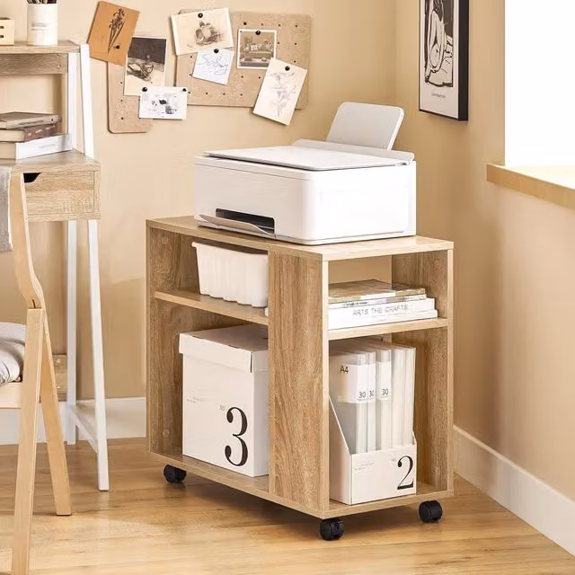 SoBuy Minimalist Brown Side Table with Storage Shelves and Castors