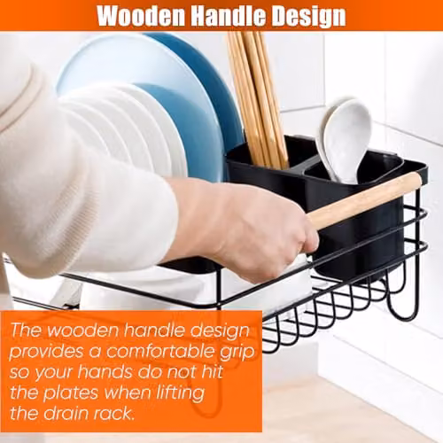 ATEK 1 Tier Black Steel Kitchen Dish Drainer Rack with Wooden Handle, Cutlery Holder and Drip Tray – 11