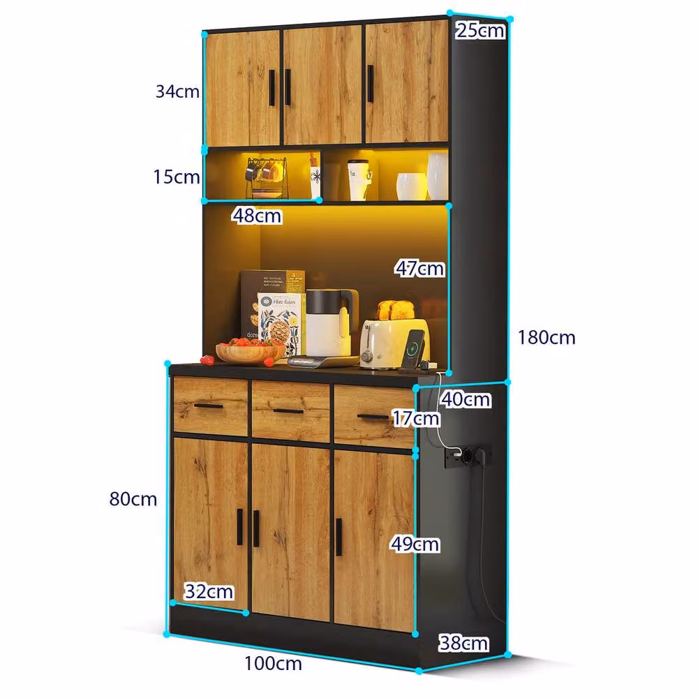 Rolipo Modern Tall Kitchen Pantry Cabinet in Matt Black with LED Lighting and Charging Station, Height: 180 cm – 5