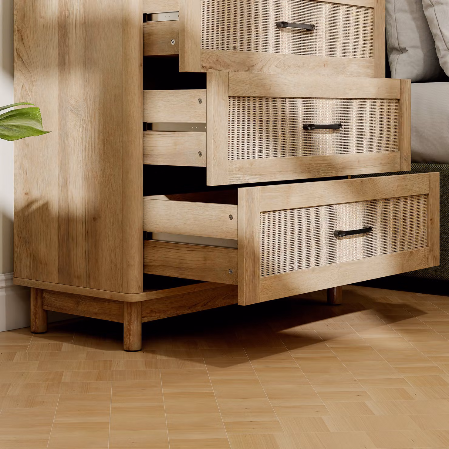 HOMCOM 3-Drawer Chest of Drawers in Oak with Rattan Details, Width: 76 cm – 3