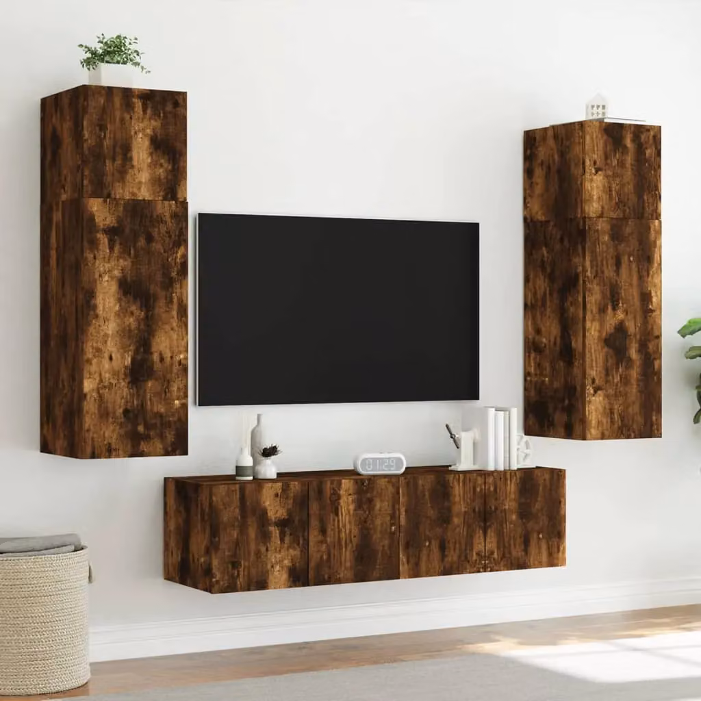 Berkfield Home Set of 2 Modern Wall Mounted TV Cabinets with Integrated LED Lights in Smoked Oak Brown, W/D/H: 60 x 35 x 41 cm – 4