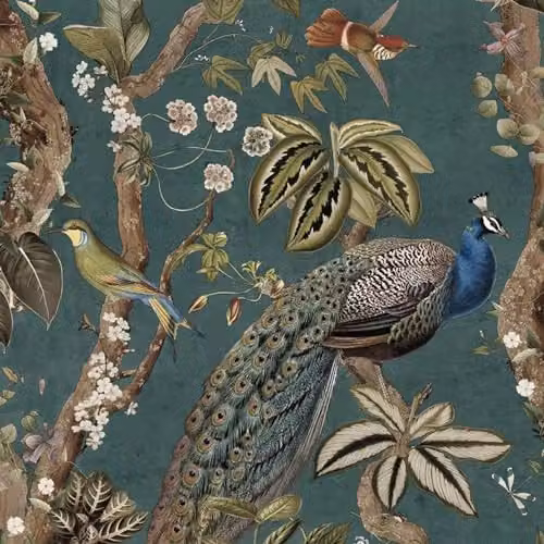 Holden Decor Aqua Blue Peacock and Oriental Floral Animal Print Wallpaper