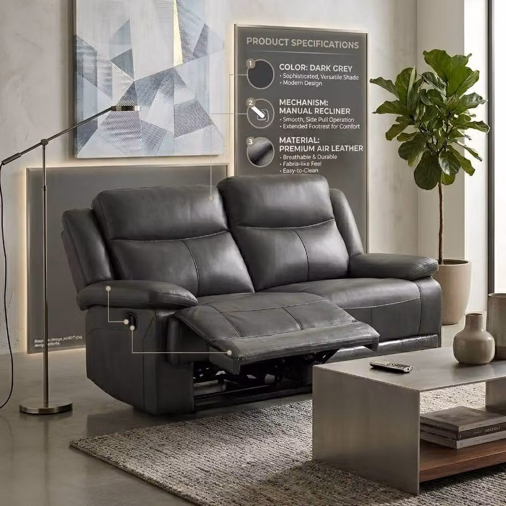 Home Luxe Interior Casper 2 Seater Manual Recliner Sofa in Grey Leather, W/D/H: 120 x 100 x 100 cm – 6