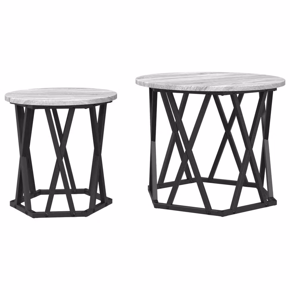 Berkfield Home Set of 2 Round Nesting Side Tables in Grey and Black with X-Frame Design – 2