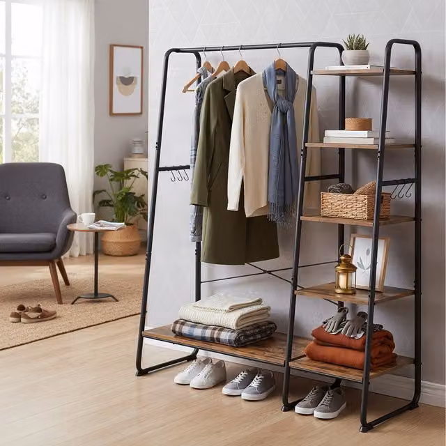 VASAGLE Clothes Rack with Shoe Rack and 6 Side Hooks, Rustic Brown and Black