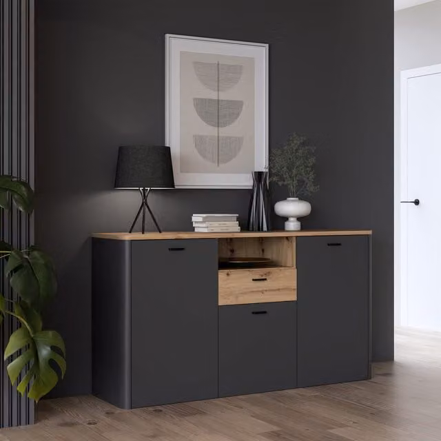 Furniture To Go Klara Modern Oak Storage Sideboard in Grey and Black with Soft Close Drawers