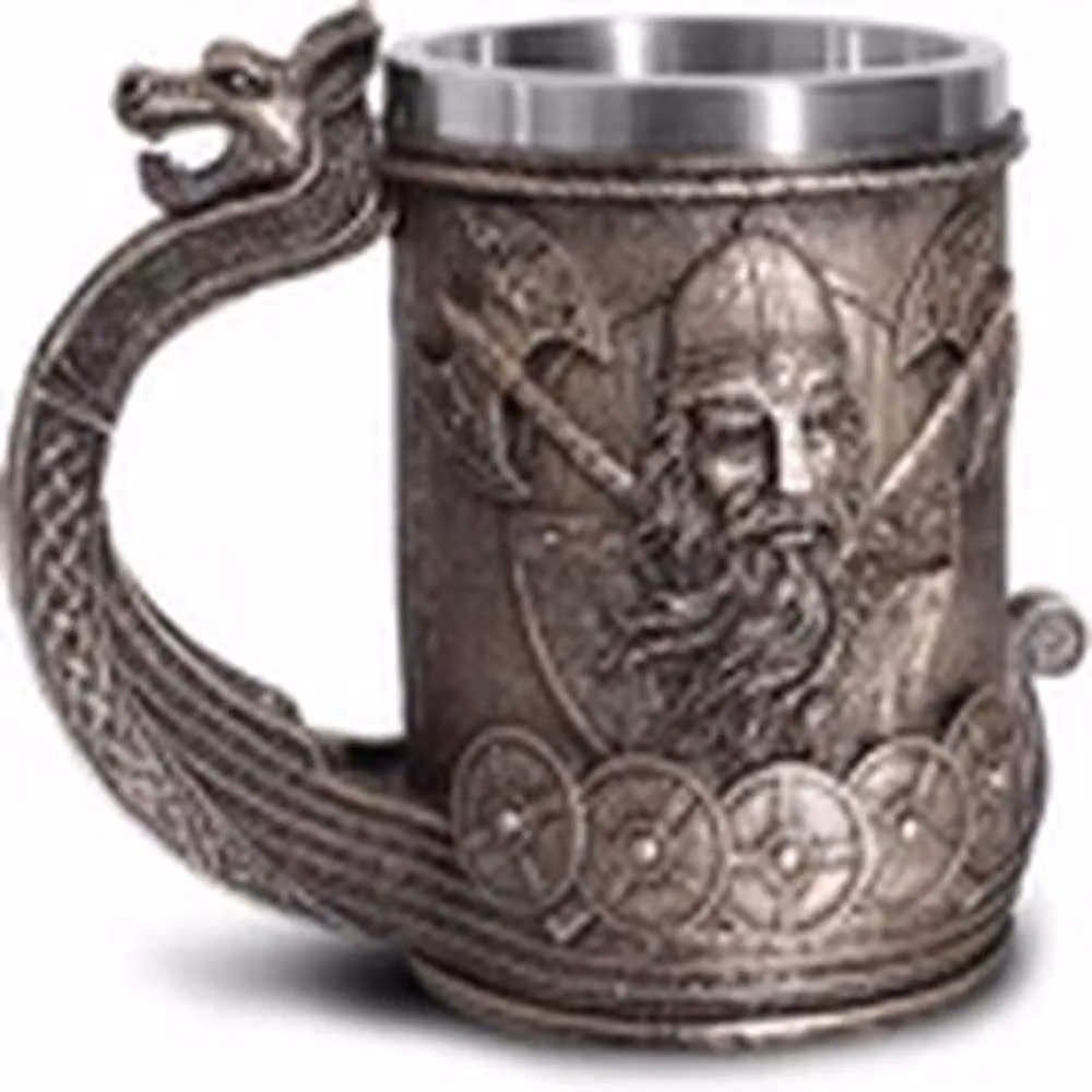 EONLION Stainless Steel Viking Thor Mjolnir Skull Tankard Cup, Brown and Grey, 550ml – 3