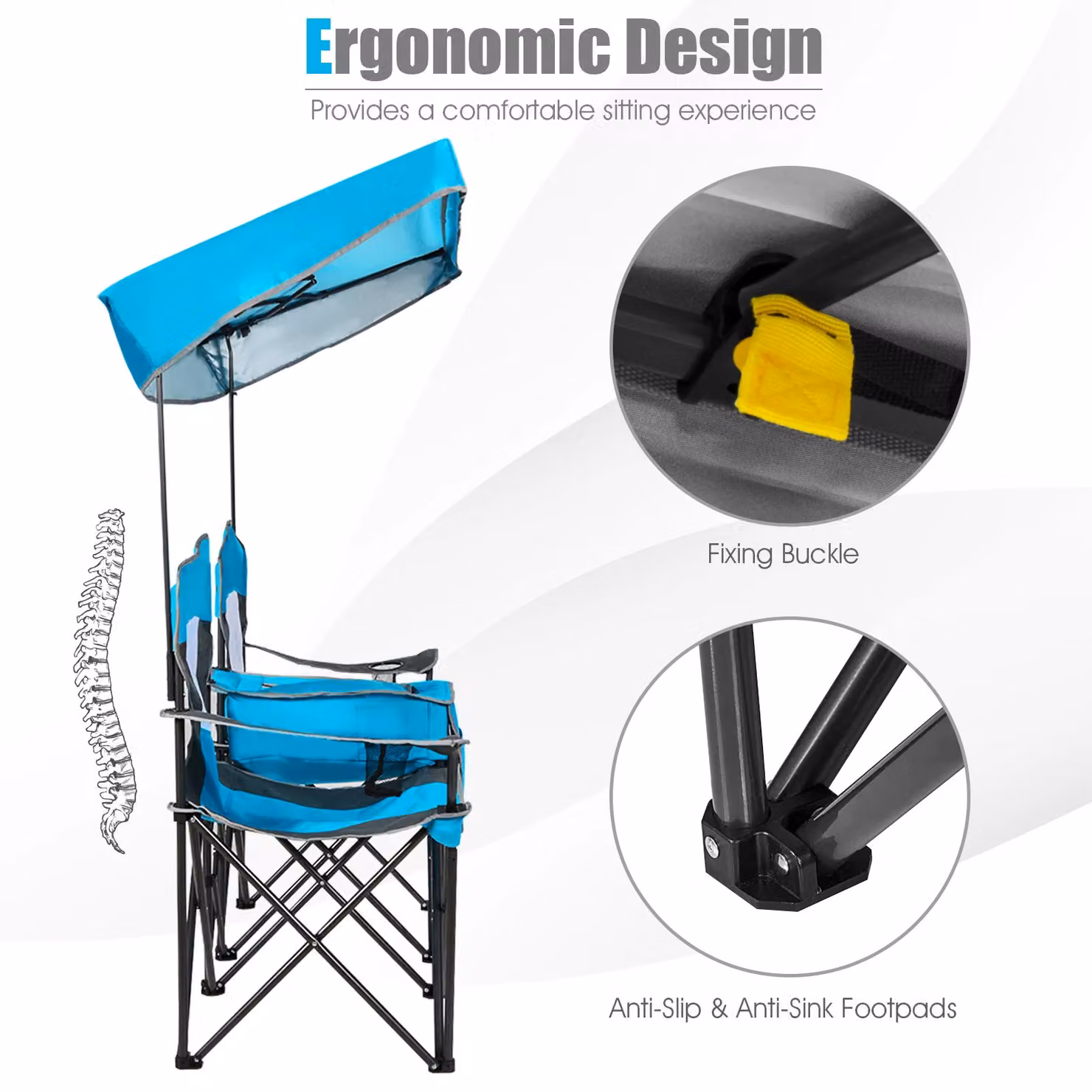Gymax Double Sunshade Folding Chairs in Blue with Sun Canopy, Armrests and Cup Holders – 4