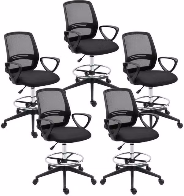 Chilli Seating Set of 5 Black Ergonomic Mesh Back Drafting Chairs with Armrests and Foot Ring