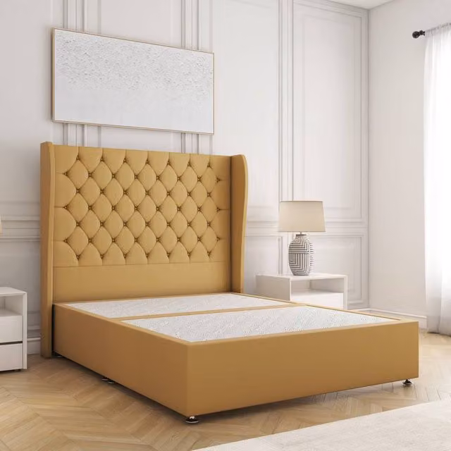 BSSPOKE Amelia Double Divan Bed Set with 54 inch Plush Velvet Headboard in Mustard Yellow, W/D/H: 140 x 200 cm