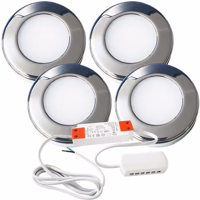Loops 4x Chrome Round Under Cabinet Kitchen LED Light and Driver Kit with Natural White Light