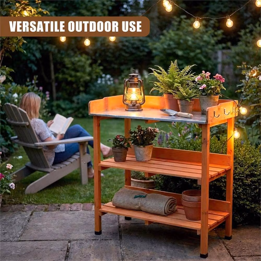 Nordara Brown Wooden Potting Bench with Metal Top and Shelves – 4