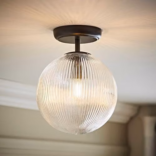 ValueLights Kempton Modern Flush Ceiling Light with Black Ribbed Glass Globe Shade and Bulb – 2