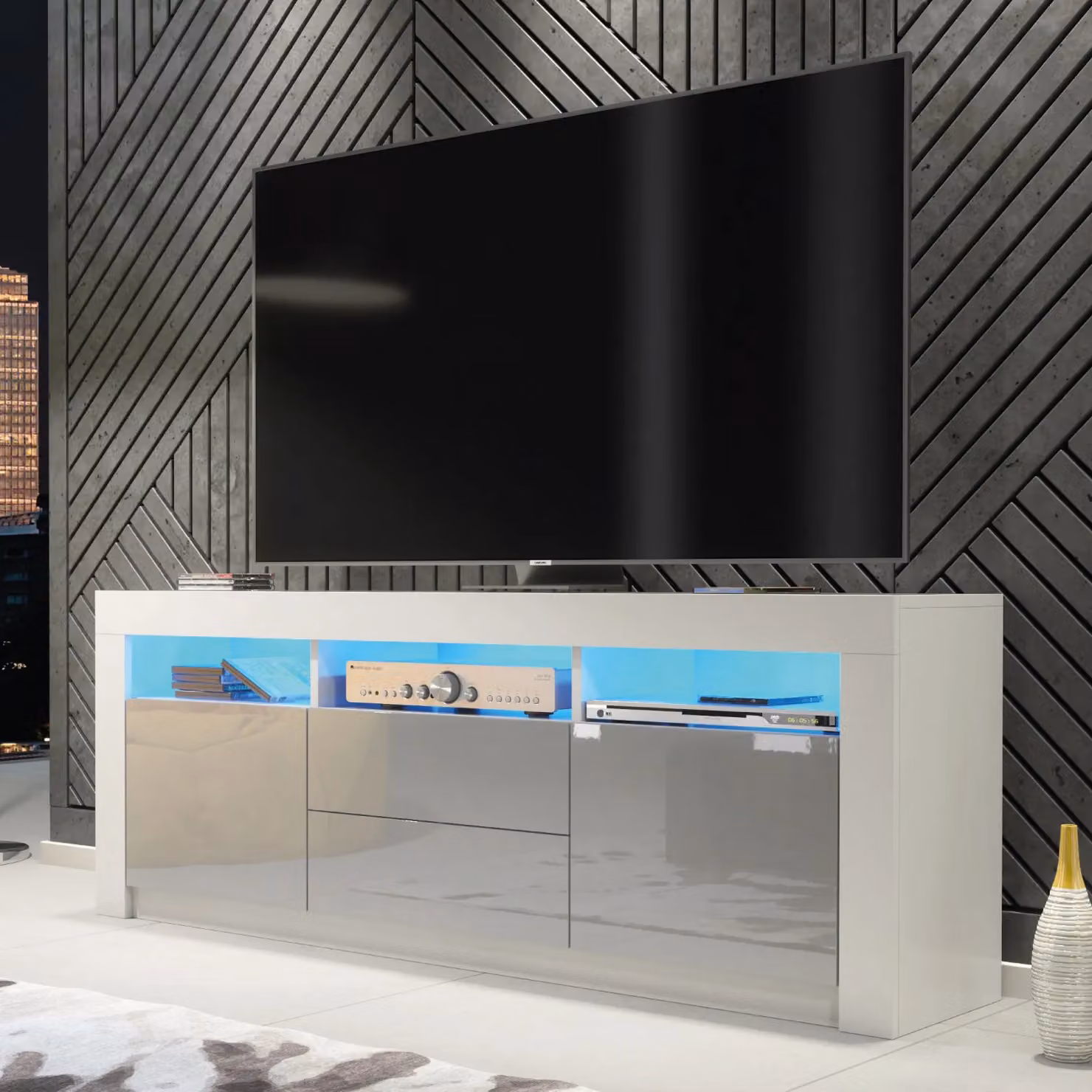 Mex Furniture LTD Modern TV Unit with Matt Body and Gloss Doors in Light Grey, W: 160 cm, D: 35 cm, H: 60 cm – 4