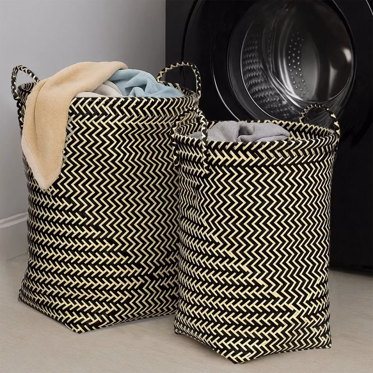 Orsina Black and White Woven Rattan Wicker Storage Basket with Handles – 2