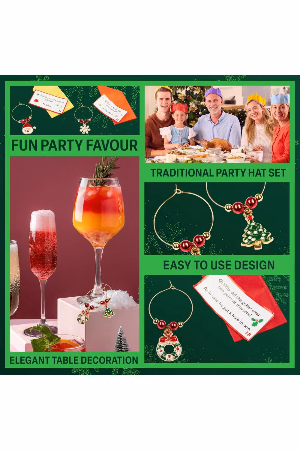 KreativeKraft Luxury Christmas Crackers with Wine Glass Charms and Festive Glass Markers, 6 Pack, Gold Star and Multicolour – 7