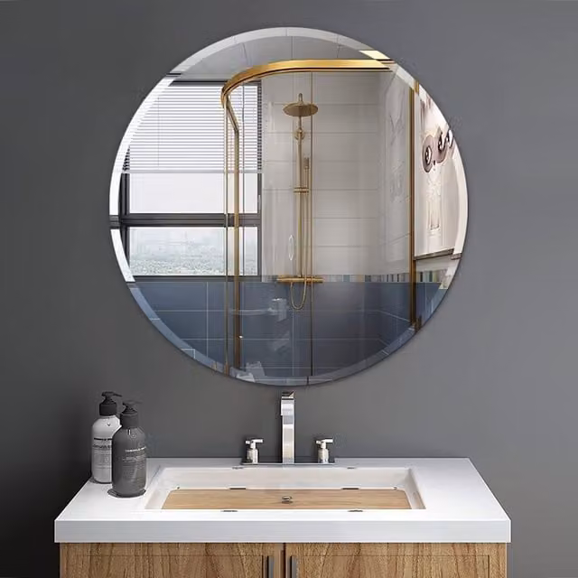 Biznest Minimalist Frameless Round Wall Mounted Glass Mirror, Silver, W/D/H: 60 x 60 x 1 cm