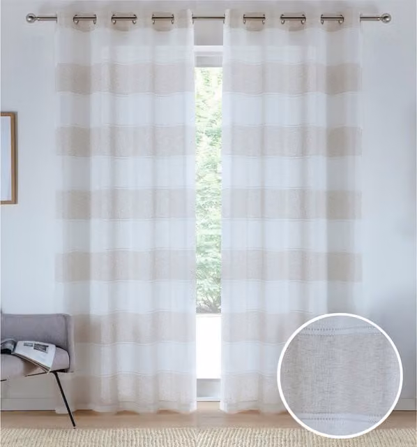 Tyrone Textiles Pair of Striped Eyelet Sheer Linen-Look Voile Panels in Beige and Brown, Width: 137 cm