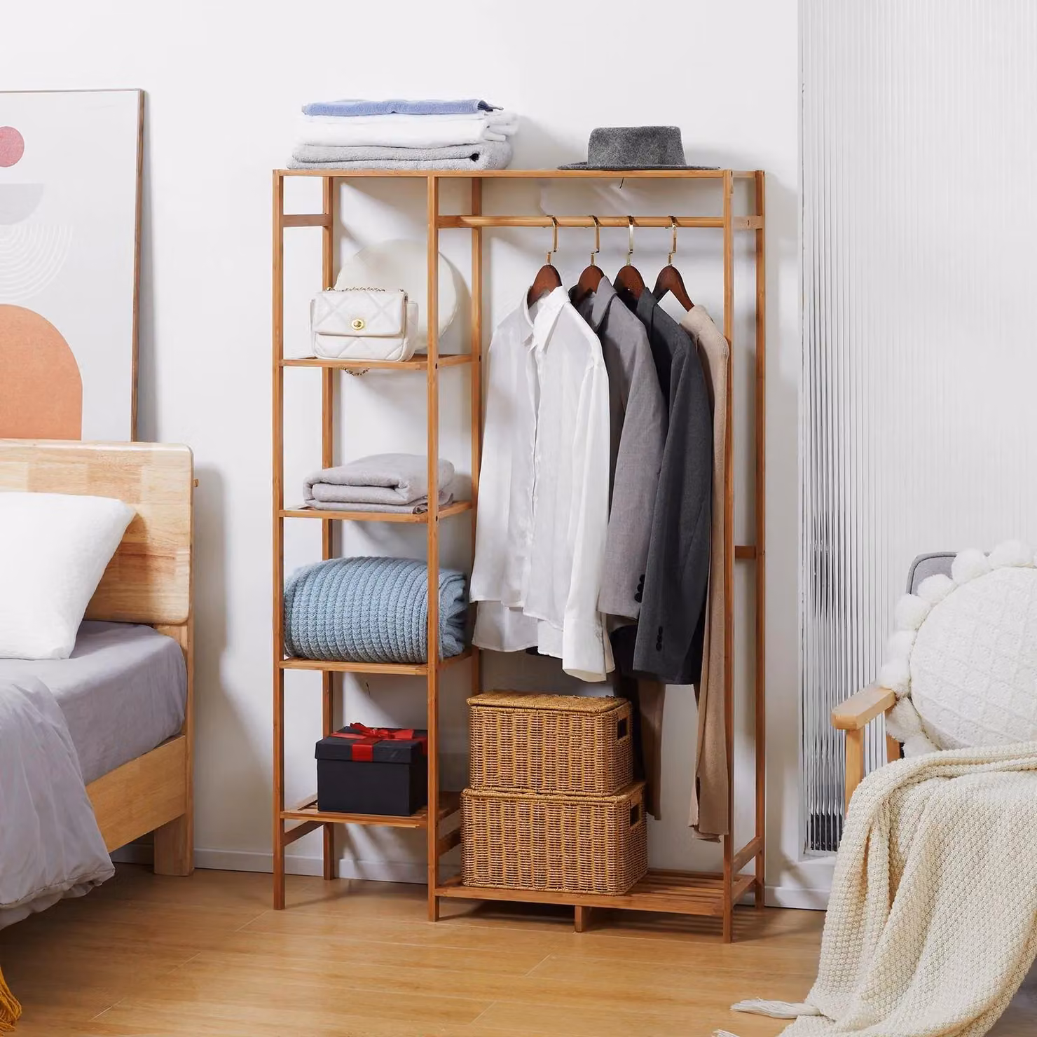 Rafaelo Mobilia 6 Tier Bamboo Open Wardrobe with Clothes Rail in Natural Brown, H: 145 cm x W: 90 cm x D: 30 cm – 3