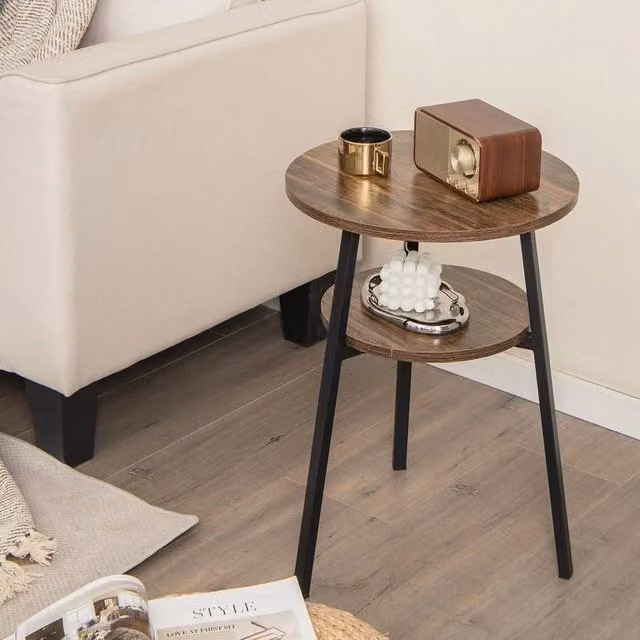 Kelvenix Round 2-Tier Wood Side Table in Brown – 1