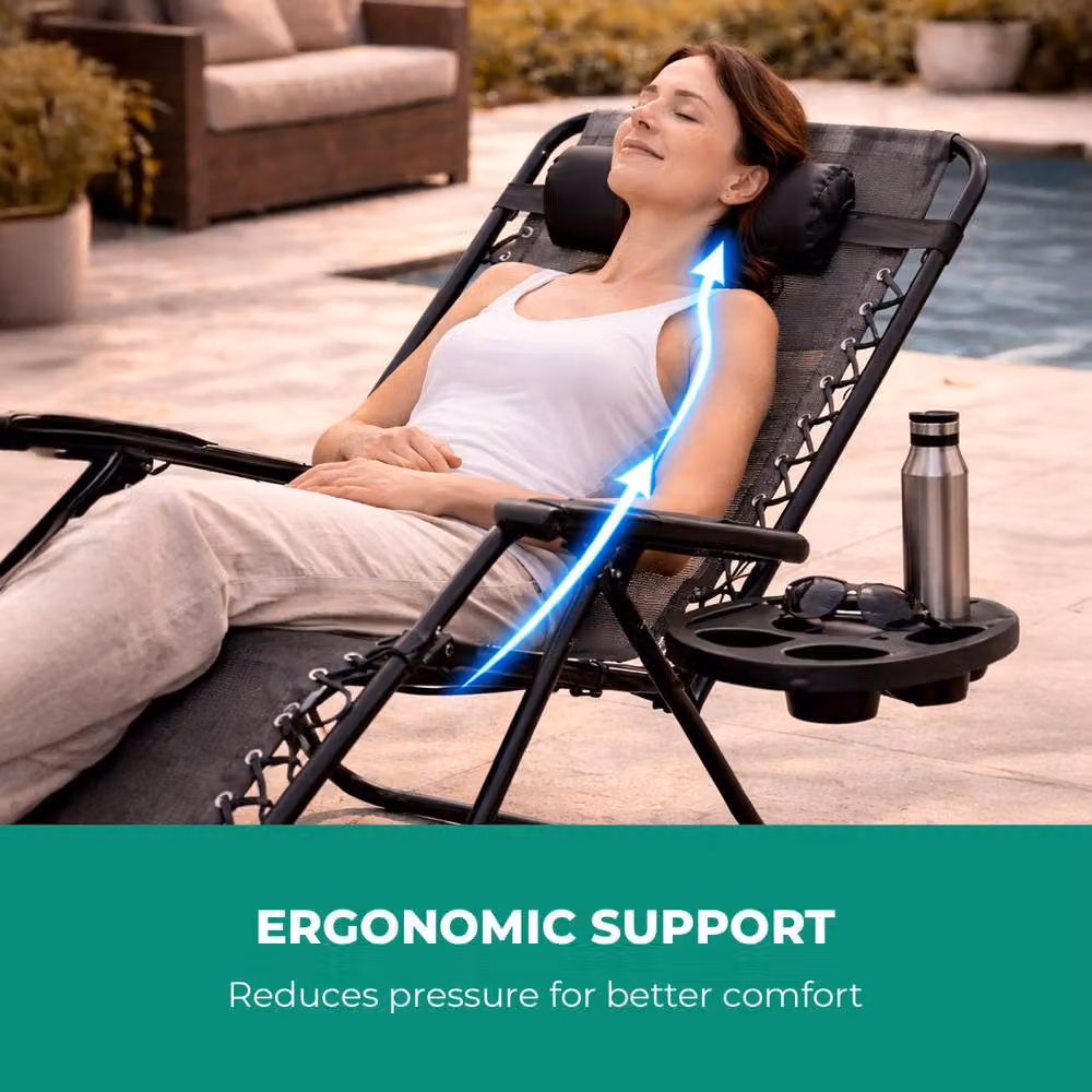 Royalford Pack of 2 Zero Gravity Sun Lounger Recliners in Grey with Powder Coated Steel Frame and Adjustable Headrest – 5