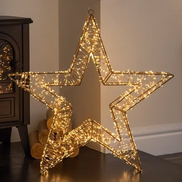 Samuel ALEXANDER Gold Metal Hanging Galaxy Star Christmas Decoration with Warm White LEDs, Width: 58 cm – 1