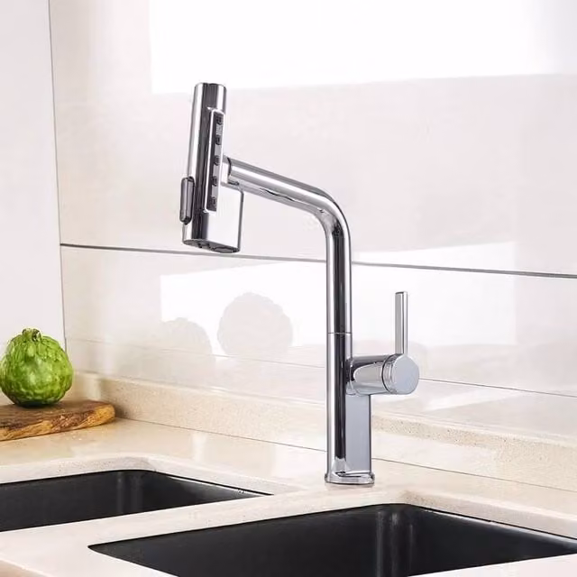 KORVIXA Modern Mono Single Lever Pull Out Kitchen Mixer Tap in Silver Chrome – 1