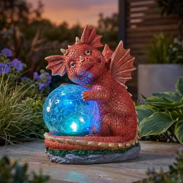 Garden Greatness Solar Dragon Garden Ornament Light, Red and Multicolour Polyresin, H 19.5 cm x W 14.5 cm x D 10.5 cm