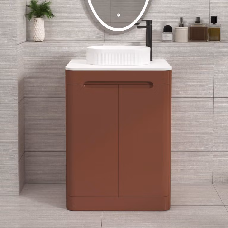 Royal Bathrooms Venice 600mm Terracotta Clay Floor Standing 2 Door Vanity Unit with White Worktop and Lyon Basin