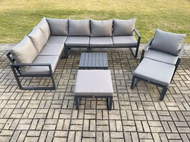 Fimous 9 Seater Outdoor Lounge Corner Sofa Set in Dark Grey with Powder Coated Aluminium Frame, Square Coffee Table and 2 Large Ottomans
