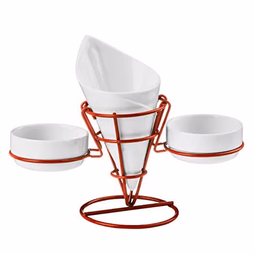 Premier Housewares Ceramic French Fry Cone with Stand and 2 Dip Dishes, White and Red