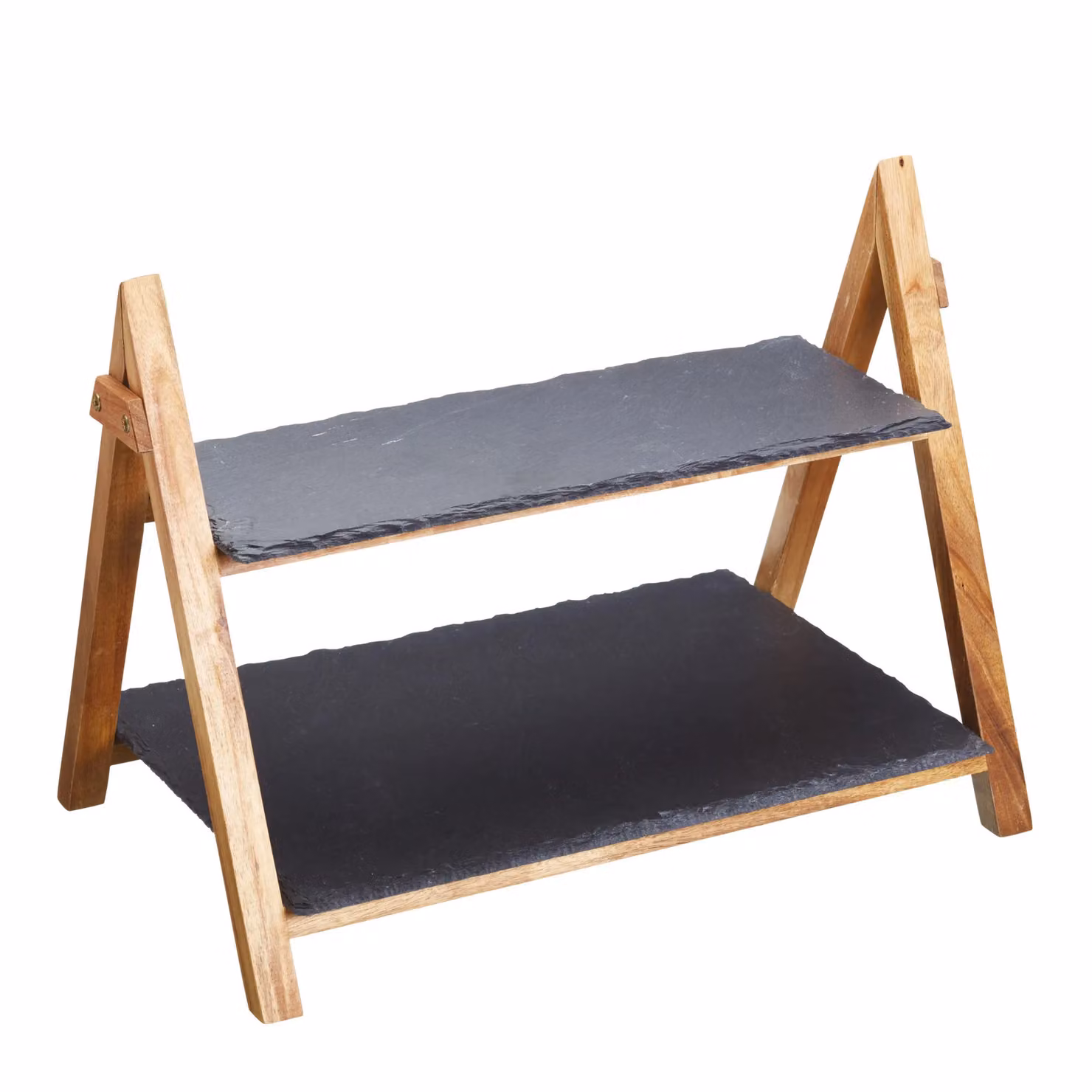 Artesa 2-Piece Black Slate and Wood Serveware Set featuring a Rectangular Serving Platter and a 2-Tier Serving Stand – 3