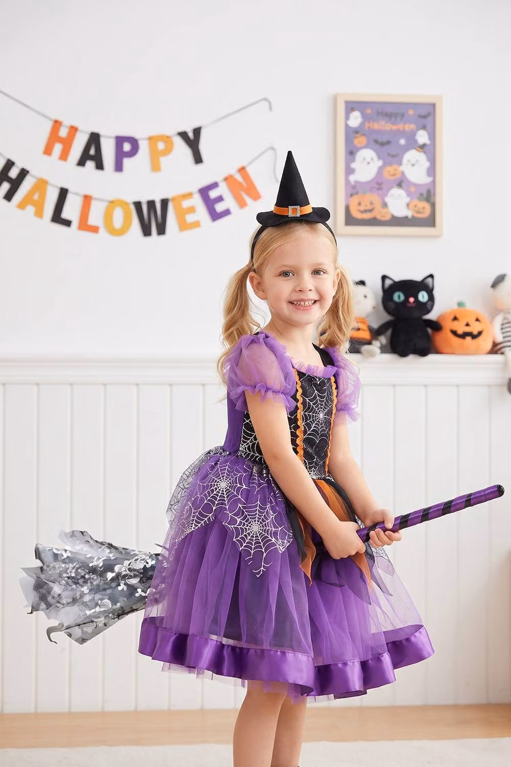Living and Home Halloween Witch Broom in Silver and Purple Striped Textile – 2