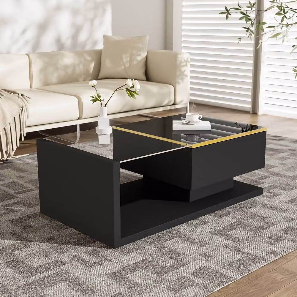 Rolipo Modern High Gloss Black Coffee Table with LED Lights and Glass Top, W: 90 cm – 5