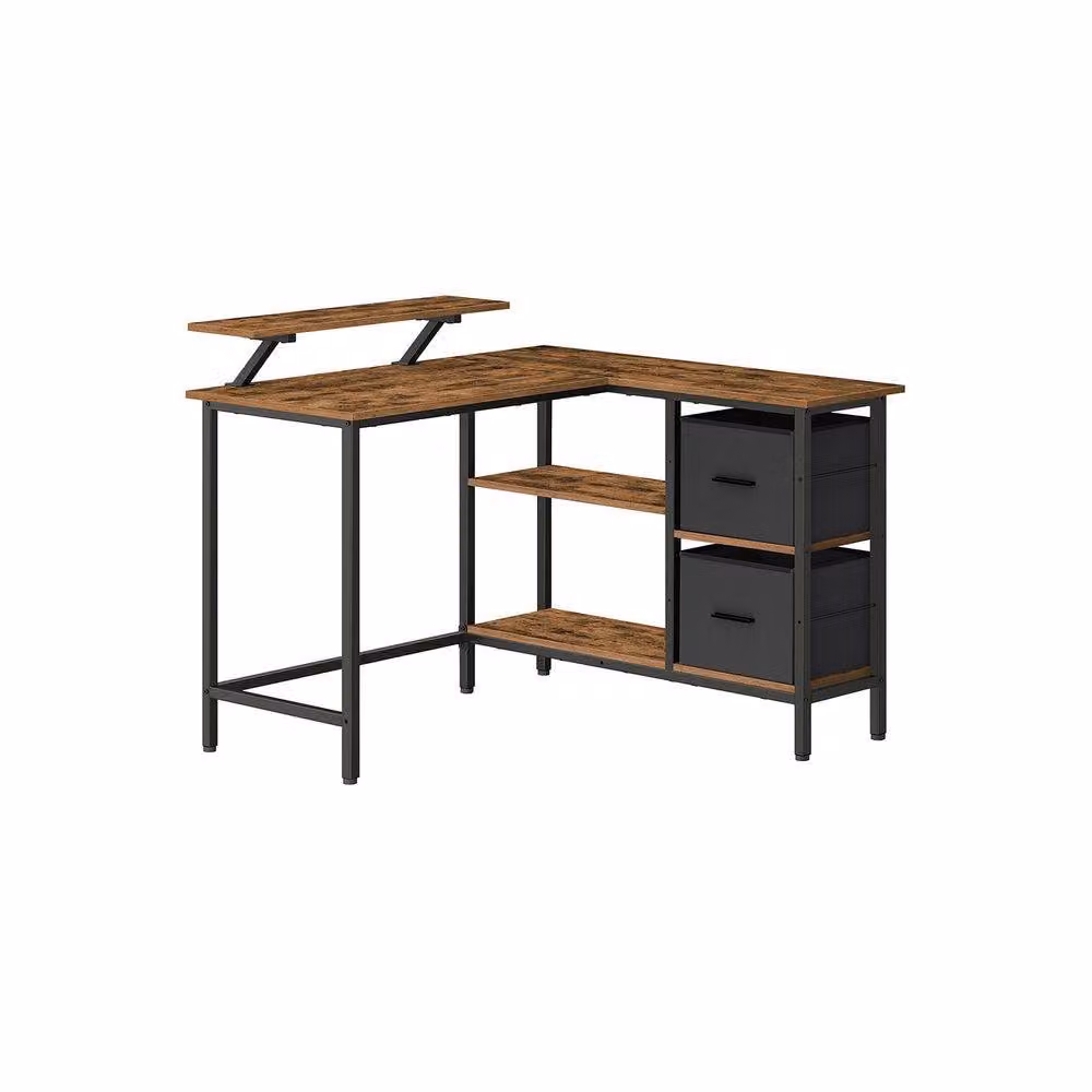 Pirlo Plush Industrial Rustic L-Shaped Corner Computer Desk with Drawers, Brown – 4