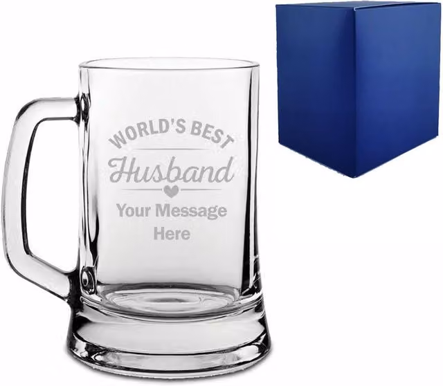 Uniqueful Personalised Men's Beer Mug with Worlds Best Husband Design in Transparent Glass