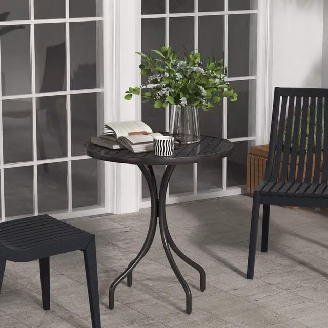 Outsunny Round Garden Side Table with Slat Tabletop in Black